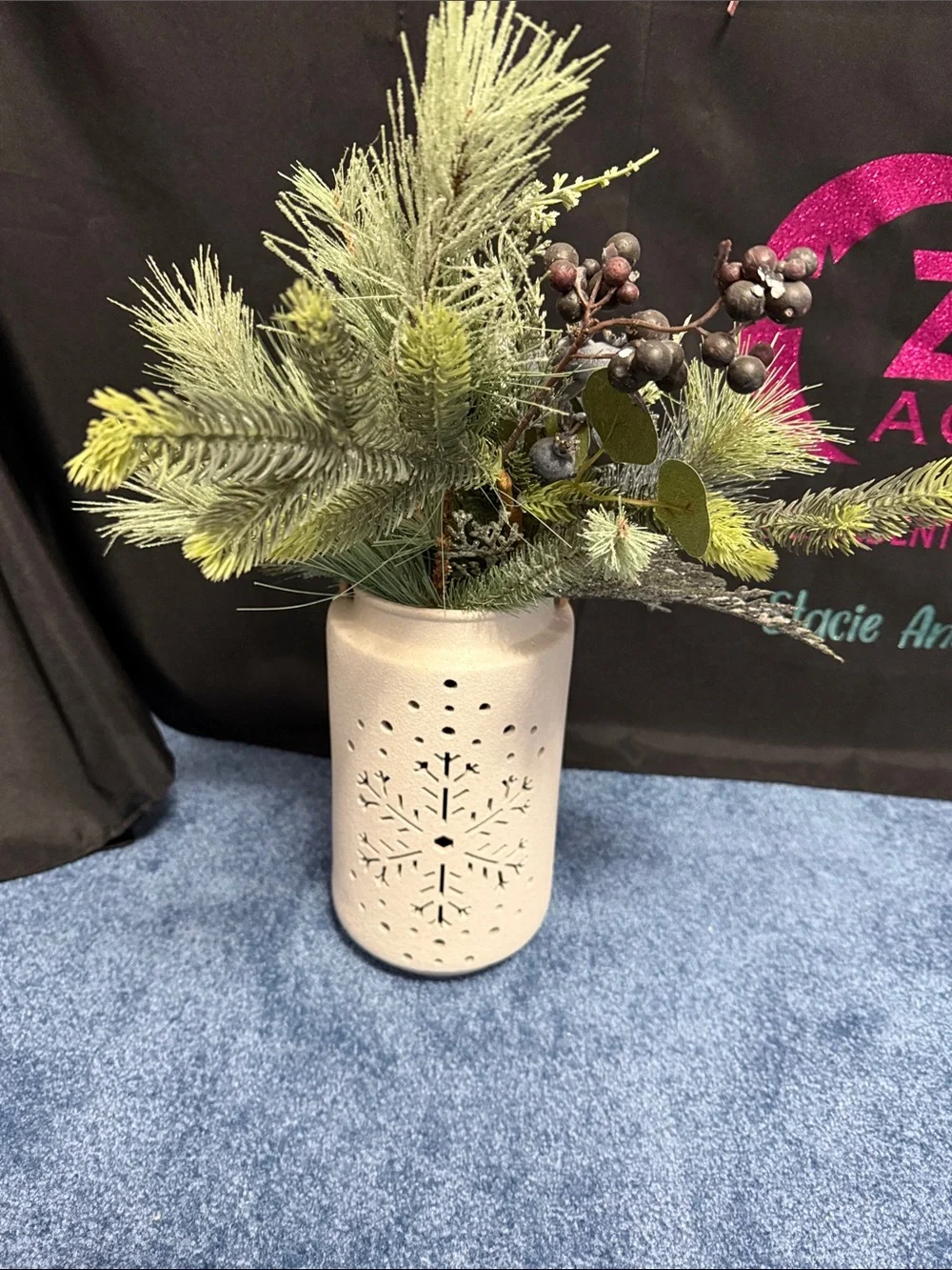 Neutral White Lantern Vase with Frosted Pine Arrangement